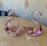 Unmarked Pair Pink & Clear Speckled Matte Glass Swan Figurines 6in