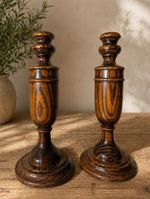 2 Antique 28cm Hand-Turned Oak Candlesticks Brass Inlay Cathedral Grain Bun Feet