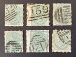 GB QV 1873-80. 1/- Green Complete Set. Plates 8-13. Used. SG.150. CV. £1045