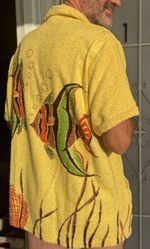 Vtg 1940s Catalina fish Novelty print men’s terry cloth cabana shirt medium M L 