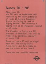 ROUTE 20 LONDON TRANSPORT PANEL BUS TIMETABLE POSTER JUN 1969