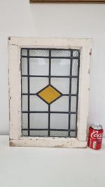 Antique Art Deco English Stained Glass Window Framed 52cm x 38cm
