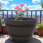 55cm Heavy Duty Barrel Planter Dark Wood Effect Plastic Garden Tub Pot 50L