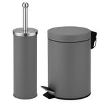 Grey Bathroom Pedal Bin and Toilet Brush Set Matt Stainless Steel Finish