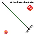 12teeth Carbon Steel Garden Rake with Long Handle Heavy Duty Lawn Soil Leaf Rake