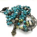 Rosary Miraculous Mary Blue Jade Beads and Indian Agate Stones