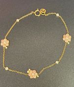 14k Yellow Gold Flower Station Chain Charm Bracelet Pink & Clear Stones 15.2cm