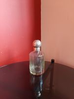 Antique Glass Vanity Bottle, Ornate Silver Hinged Lid collectable 12 sided glass