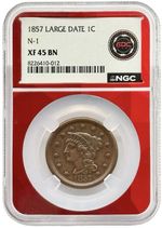 1857 Braided Hair Large Cent Large Date N-1 NGC XF45 BN EDC Label