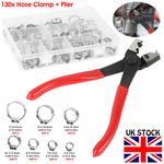 130x Single Ear Hose Clamp Assorted O Fuel Pipe Clip Cinch Rings Crimp Plier Set