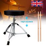 UK Black Padded Adjustable Drum Throne Seat with Maple Wood Drumsticks