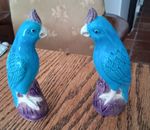 Vintage Turquoise Glazed Porcelain Cockatoo Parrot Figurines Pair  Chinese