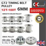 GT2 6mm Timing Belt Smooth Tooth Idler Drive Pulley 16 20 30 36 40 60 Bore 3 5 8