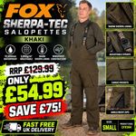 FOX Sherpa-Tec Salopettes Khaki Small Waterproof Thermal Carp Fishing CFX384 NEW