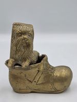 Vintage Solid Cast Brass Dog In A Boot