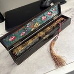 Antique Chinese Export Hand Fan Mandarin Thousand Faces Black Lacquer Canton