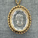 Vintage Necklace Intaglio Glass Cameo Gold Tone Filigree Frame Rhinestones READ
