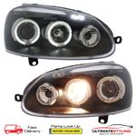 VW Golf Mk5 Headlights Twin Angel Eyes Black Projector Upgrade LED DRL Black