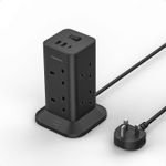 Black Tower Extension Lead with USB C 8 Way Multi Plug Extension Socket 2M Cable