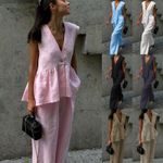 Womens Casual Tracksuit V Neck Ruffle Vest Top Tee Pants Outfits Co Ord 2PCS Set