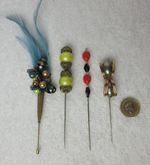 Four Assorted Decorative Metal Hat Pins with Beads and Feathers