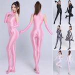 Womens Shiny Satin Jumpsuit Bodysuit & Gloves Zipper Open Crotch Lingerie Romper