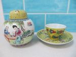 Vintage MUN SHOU Yellow Bowl Plate Painted Lady Reading Ginger Jar