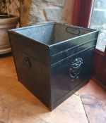 Antique vintage metal coal bin bucket scuttle galv liner 12" square planter