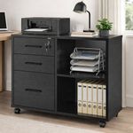 Filing Cabinet 3 Drawer Office Storage Unit Lockable Mobile Wheels Black Wood
