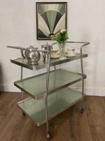 Vintage Art Deco 3 Tier Drinks Trolley Chrome Green Glass Tea Cart on Wheels