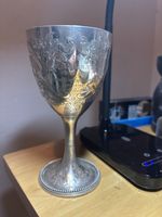 Solid Silver Engraved Floral Scroll Goblet Cup with Hallmarks, Inscribed. 192g.