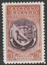FALKLAND ISLANDS 1933 CENTENARY 10s COAT OF ARMS   MARYLAND FORGERY unused