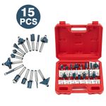 15Pcs Carbide Tipped TCT Router Bits 1/4" Shank Sealed Bearing Bit Set
