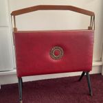 Mid-century Furnway teak, brass and vinyl folding magazine rack Rare Collectible