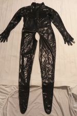 SALES Black Faux Leather Wet Look Boobless Crotchless Jumpsuit Catsuit Size 16