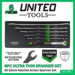 6PC Ultra Thin Ratcheting Action Spanner Set - 10mm to 22mm
