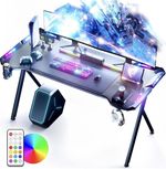 Gaming Desk With LED Lights Carbon Fiber Surface Cup Holder & Headphone Hook NEW