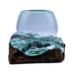 Hand Blown Molten Glass Goldfish Bowl on Natural Wood Stand Terrarium Vase Home