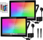 2PCS 100W LED Flood Lights RGB Color Changing Remote Halloween Garden Party IP66