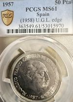 1957 Spain  (58) 50 Pesetas World Coin, Mintage 1958 PCGS MS 61