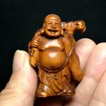 2 Inch Signed Hand Carved Boxwood Maitreya Buddha Statue Netsuke Gift Collection