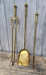 Antique Heavy Brass 3 Piece Fireplace Companion Set