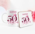 Personalised 50th Birthday Gift 50th Pink Mug, Coaster or Mug & Coaster Gift Set