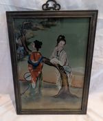 ANTIQUE CHINESE REVERSE GLASS PAINTED FRAMED PAINTING ASIAN WOMEN 21.5" X 15.75"