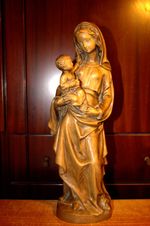 ANTIQUE 14" HAND CARVED WOOD OUR LADY VIRGIN MARY JESUS STATUE FIGURE SCULPTURE