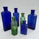 Job Lot 6 Vintage Cobalt Blue & Green Poison Bottles Chemist Pharmacy Glass