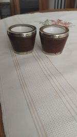 Antique / Vintage Pair Of Silver Plate Banded  Oak Bucket Shaped Salts