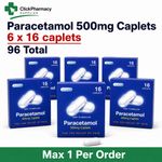 Paracetamol 500mg Caplets - Fever, Pain Relief - 96 Tablets (16 x 6) - 04/ 30