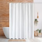White Fabric Shower Curtain Waterproof Weighted Hem with Plastic  Hooks  rings