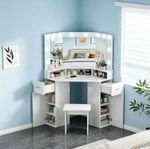 White Mirred Corner Dressing Table with Lights Makeup Desk Vanity Stool Set NEW